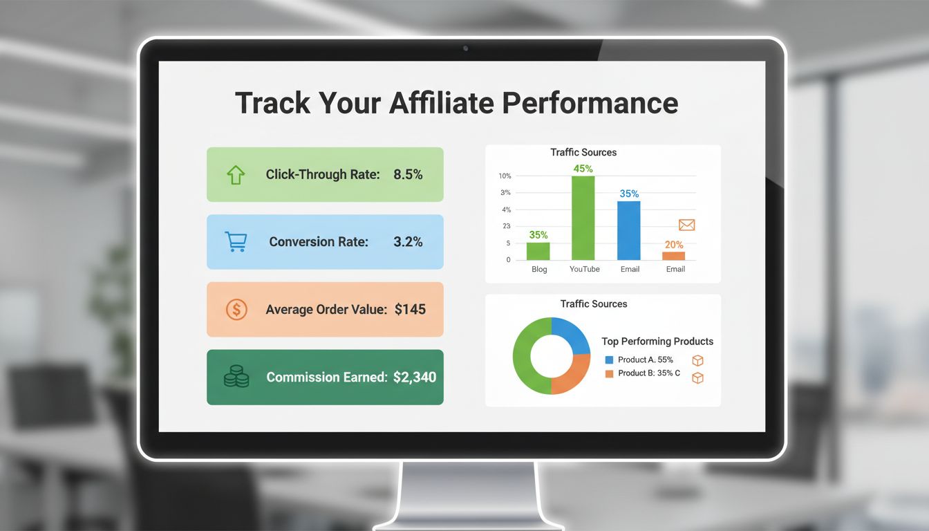 Affiliate review metrics dashboard met doorklikratio, conversieratio, gemiddelde orderwaarde, verdiende commissie en verkeersbronnen