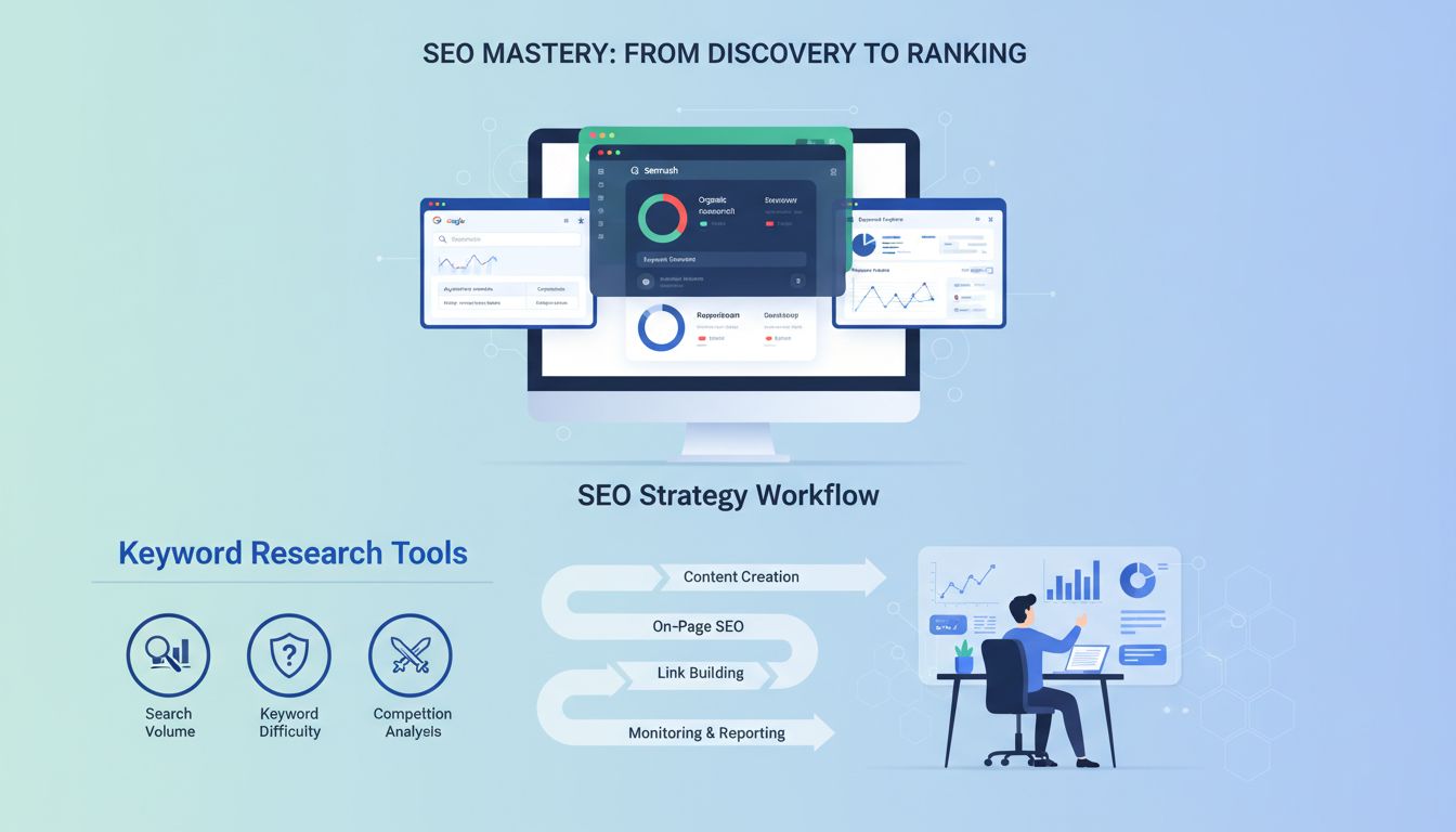 Dashboard van tools voor zoekwoordenonderzoek met zoekvolume, moeilijkheidsgraad en concurrentieanalyse