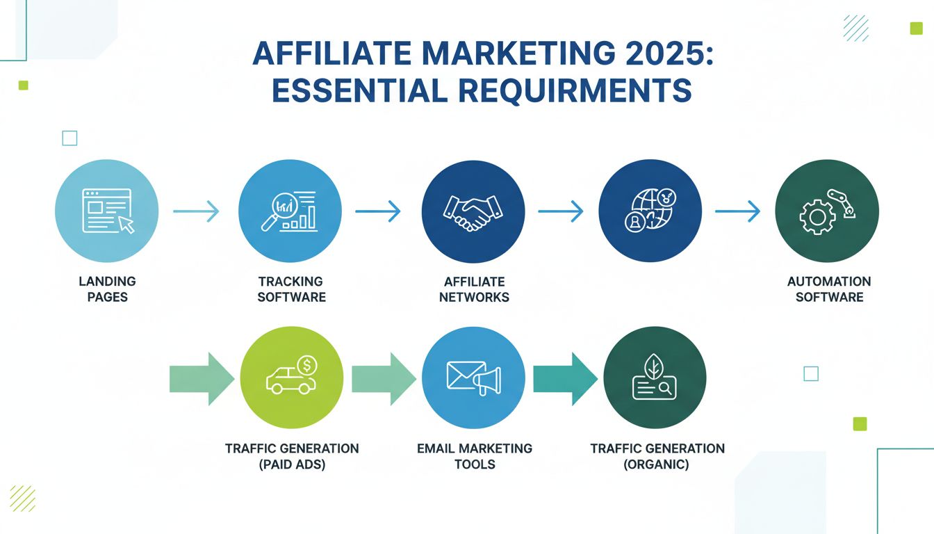 Essentiële vereisten om te starten met affiliate marketing zoals landingspagina's, trackingsoftware, affiliatenetwerken, verkeersgeneratie, e-mailmarketing en automatiseringstools