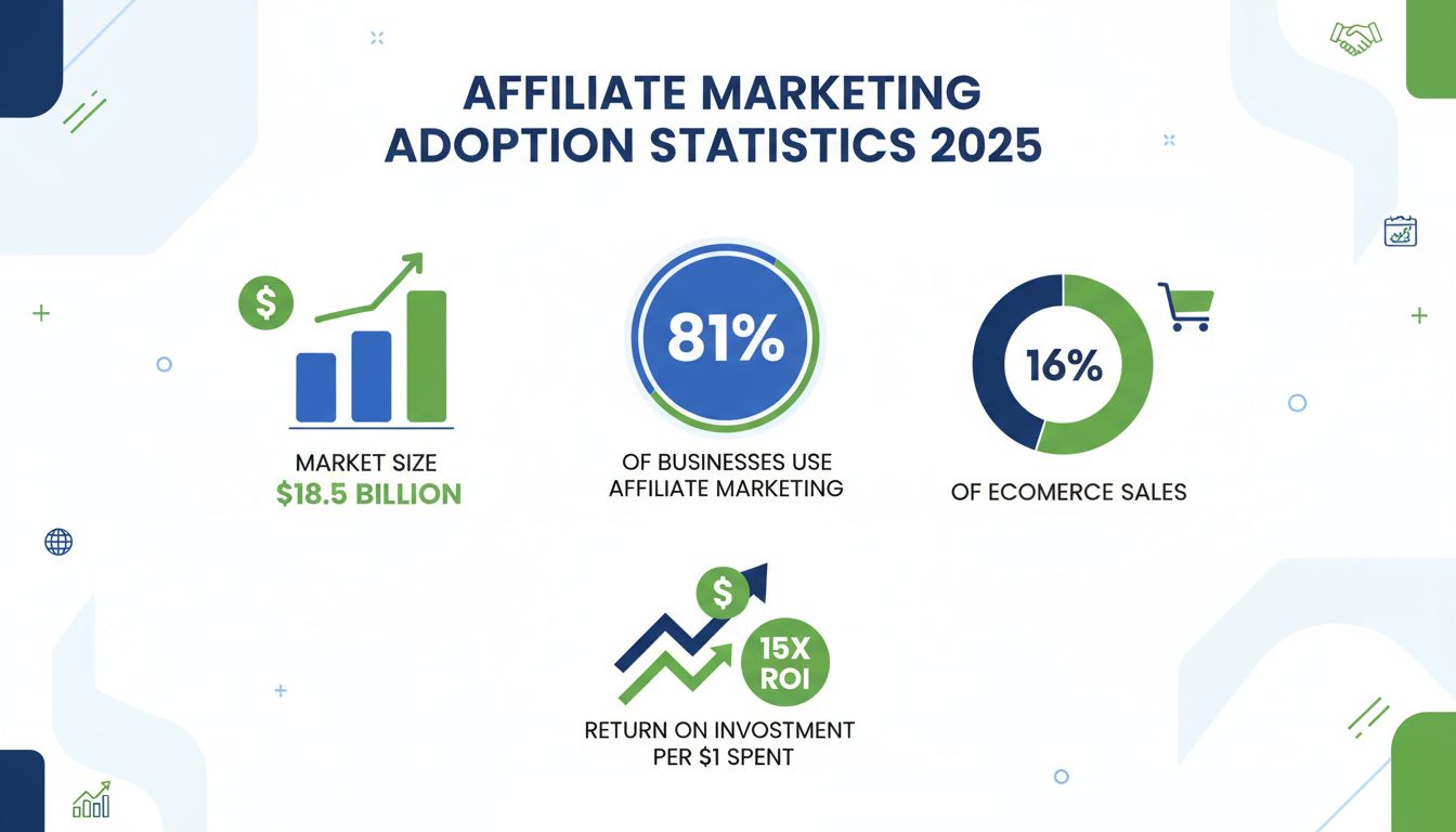 Statistieken over de adoptie van affiliate marketing in 2025 met 81% bedrijfsadoptiegraad, een marktwaarde van $18,5 miljard en belangrijke prestatie-indicatoren