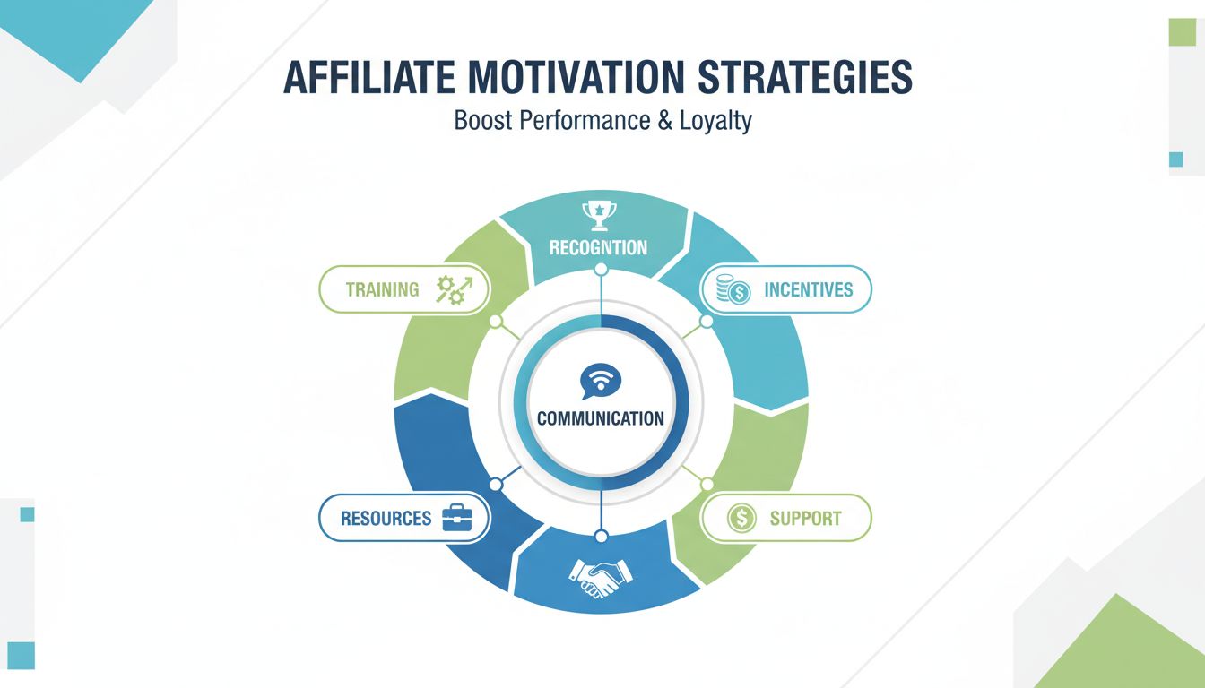 Affiliate-motivatie strategieën piramide met communicatie, erkenning, incentives, support en middelen