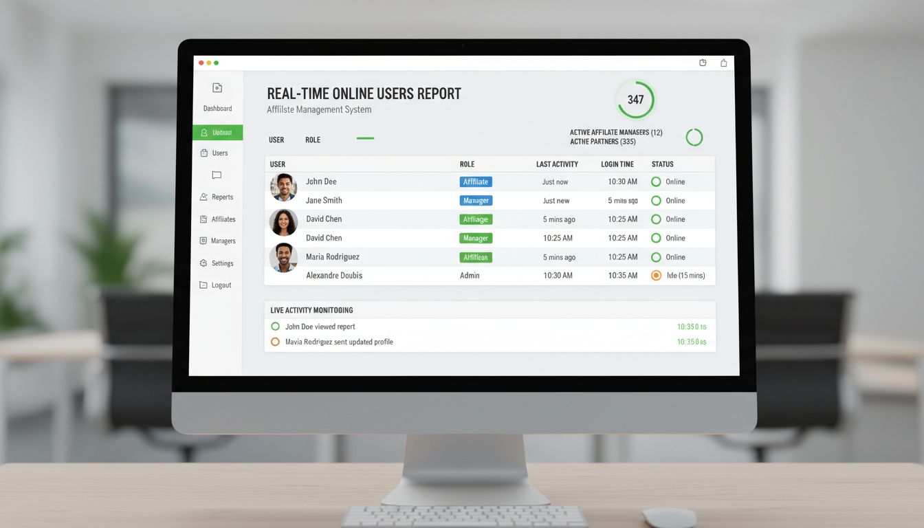 Real-time online gebruikersdashboard met actieve affiliate managers en partners, inlogtijden en activiteitsstatus