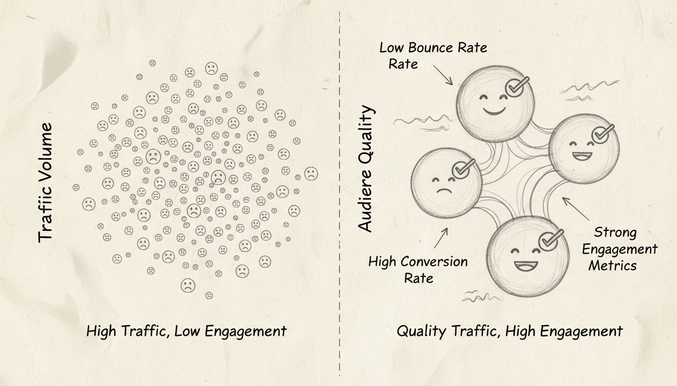 Handgetekend diagram dat hoog verkeer met lage betrokkenheid vergelijkt met kwalitatief verkeer met hoge betrokkenheid voor toelating tot affiliate netwerken