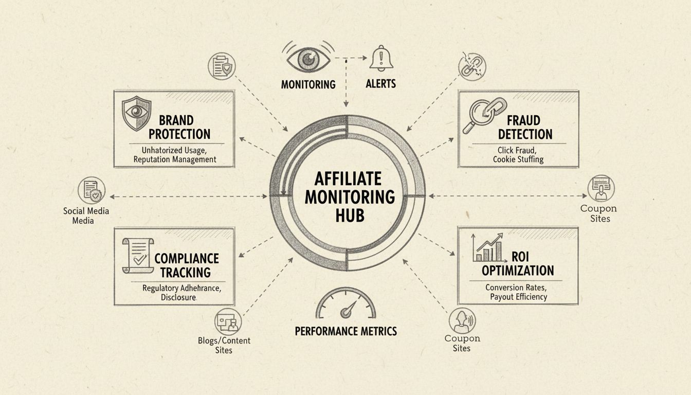 Affiliate monitoring dashboard met metrics voor merkbescherming, fraudedetectie, compliance tracking en ROI-optimalisatie