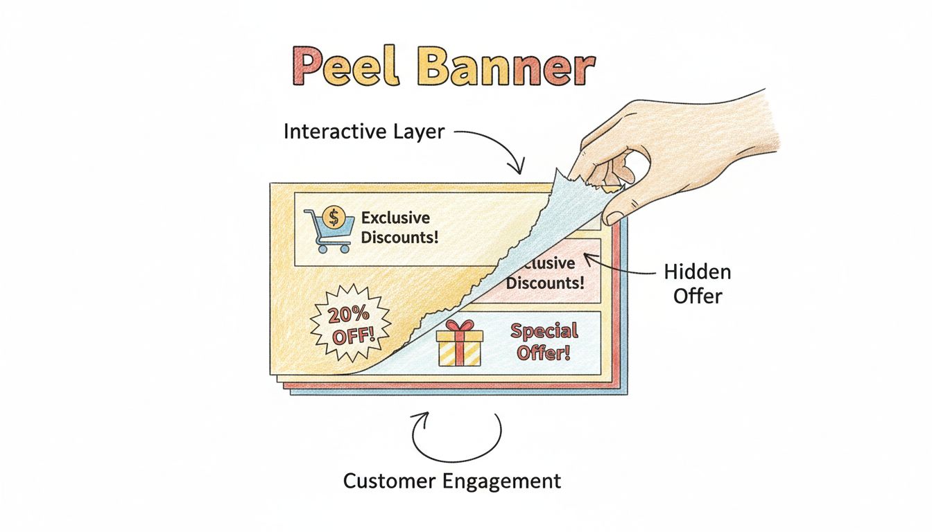 Handgetekend diagram dat laat zien hoe peel banners werken met interactieve lagen die verborgen promotionele content en klantbetrokkenheid onthullen