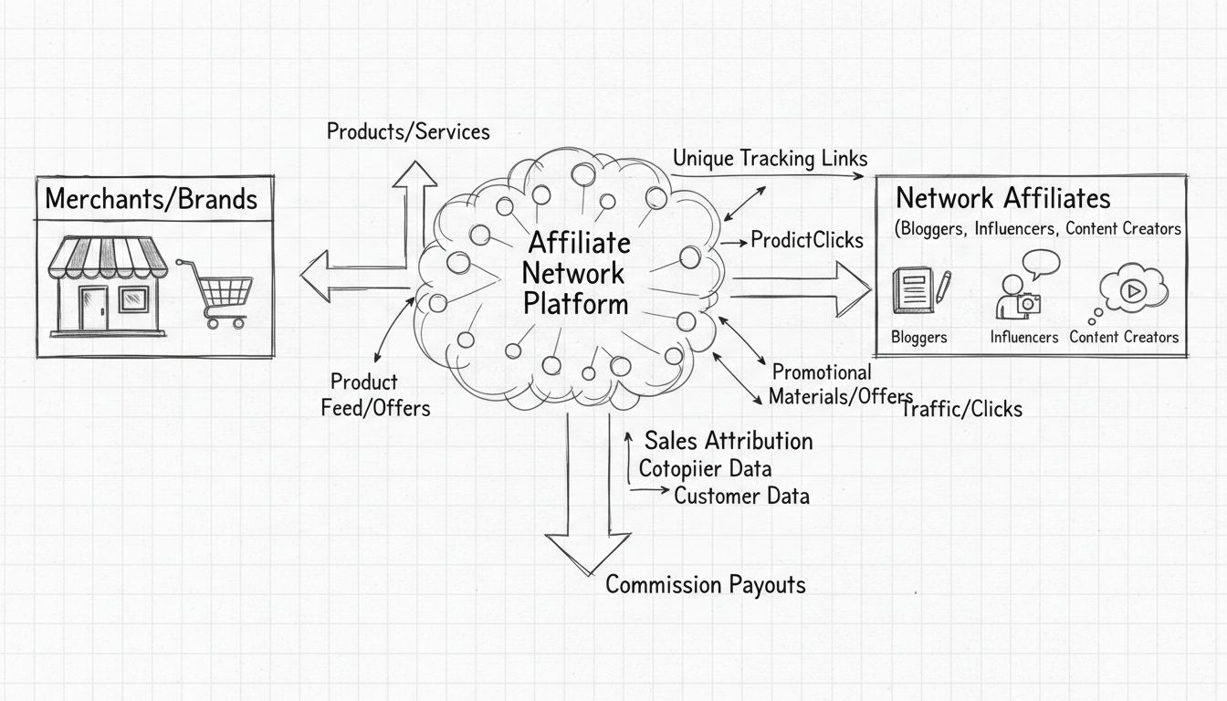Netwerk affiliate ecosysteem diagram met handelaren, affiliate netwerk platform en netwerk affiliates met trackinglinks en commissieflows