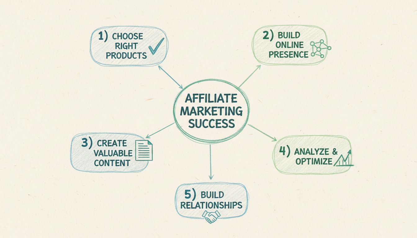 Affiliate Marketing Succes Framework met vijf belangrijke pijlers: Kies juiste producten, Bouw online aanwezigheid, Creëer waardevolle content, Analyseer & optimaliseer, en Bouw relaties op
