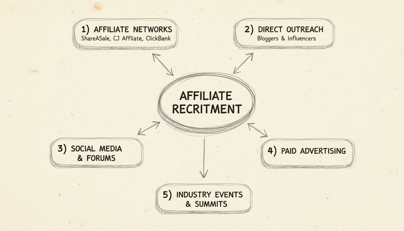 Schema van een affiliate wervingsstrategie met vijf hoofdkanalen: affiliatenetwerken, directe benadering, sociale media, betaalde advertenties en branche-evenementen