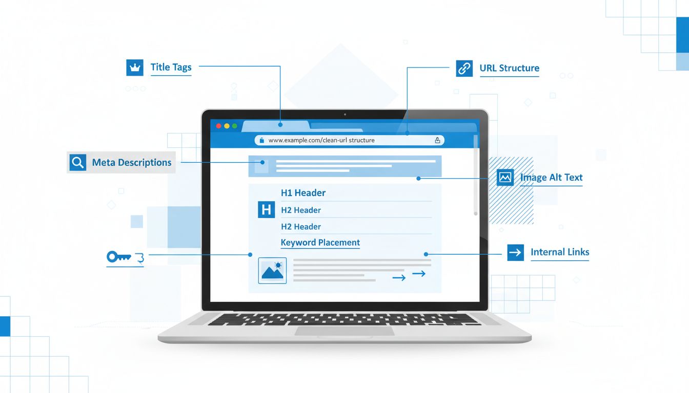 Elementen van on-page SEO-optimalisatie zoals title tags, meta descriptions, kopteksten, zoekwoordplaatsing, URL-structuur, interne links en alt-tekst voor afbeeldingen weergegeven op een laptopscherm