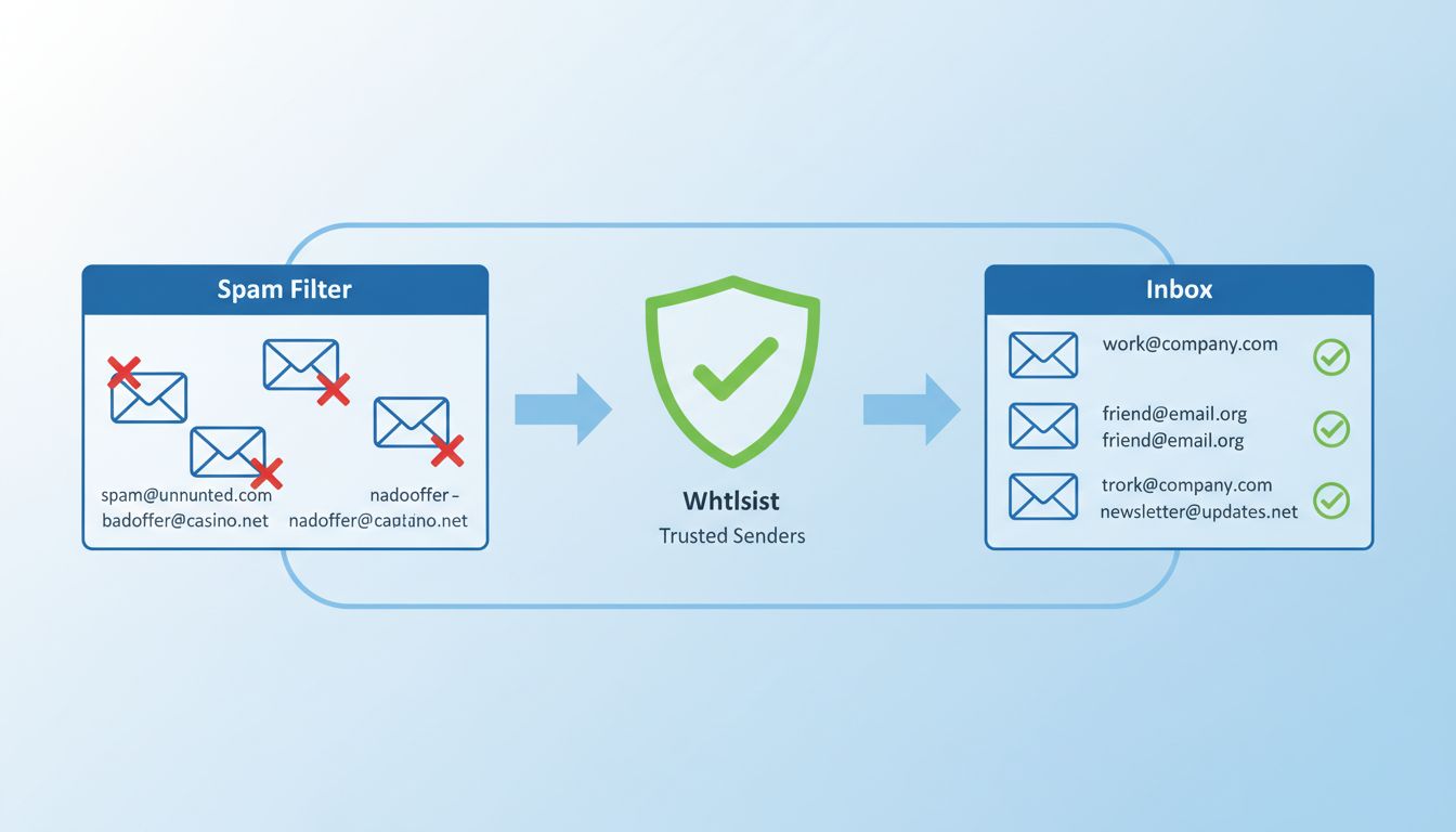 Diagram van het e-mail whitelistingproces met spamfilter links, whitelist in het midden en vertrouwde inbox rechts met groene vinkjes