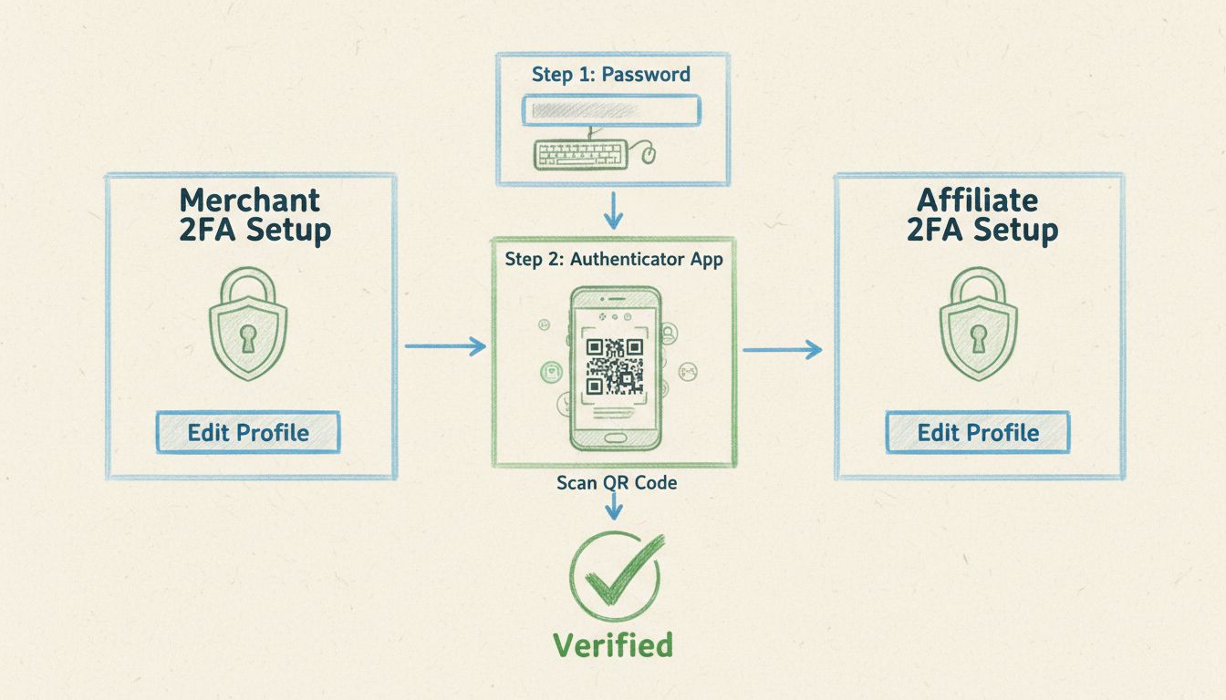 Diagram voor 2-stapsverificatie voor handelaren en affiliates met toegang tot Profiel bewerken en integratie van authenticatie-app
