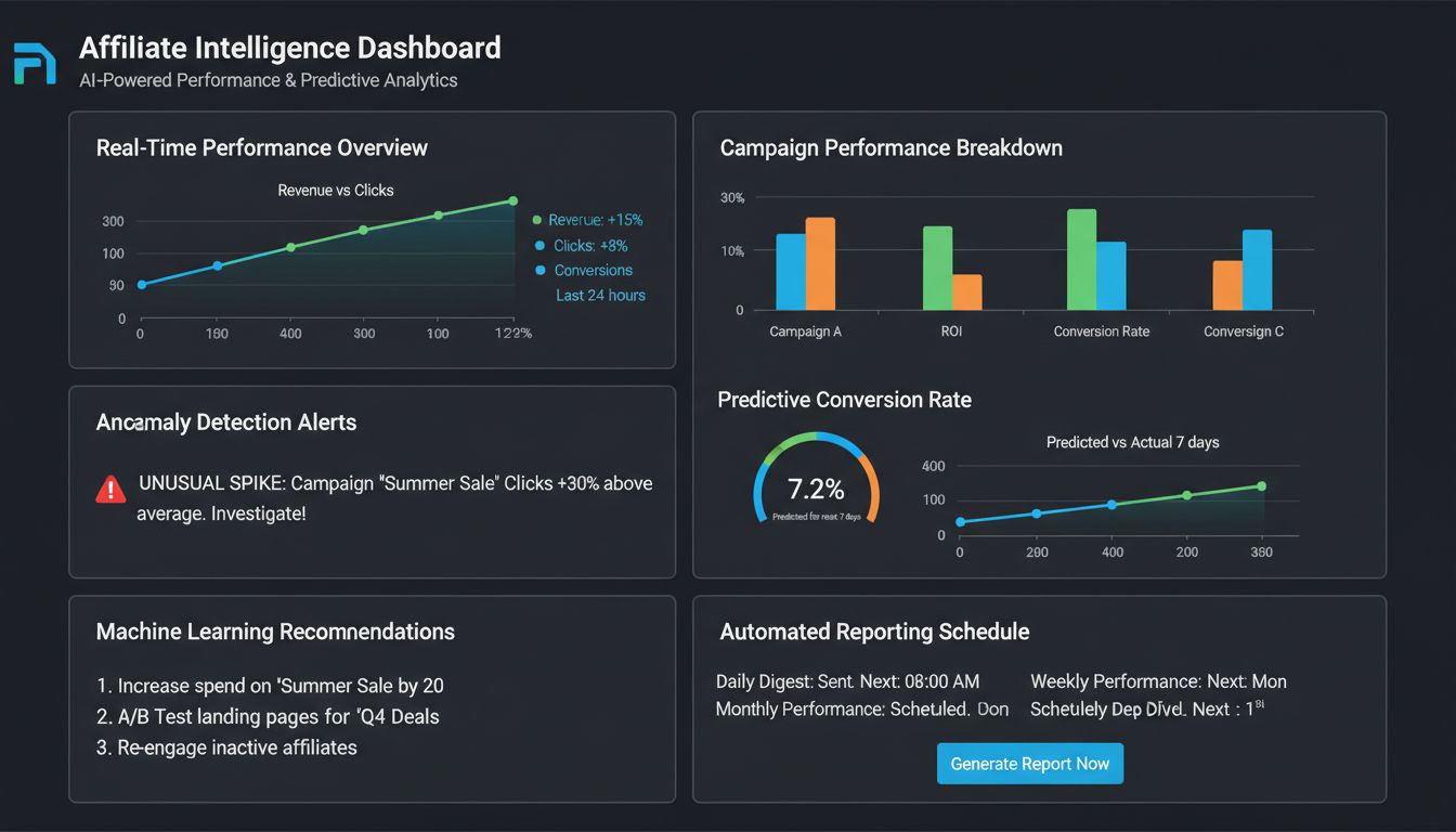 AI-gestuurd analytics-dashboard met realtime prestatiestatistieken, anomaliedetectiemeldingen en voorspellende analyses voor affiliate marketing