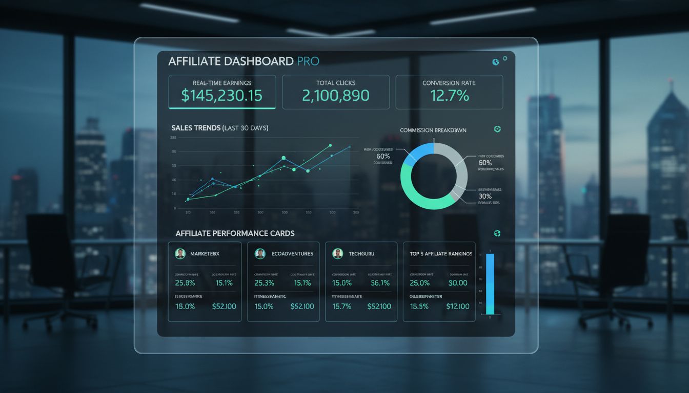 Dashboard van affiliate marketing software met realtime trackingstatistieken, commissieberekeningen en prestatie-analyses, met affiliate-prestatiekaarten die conversieratio's en verdiensten tonen