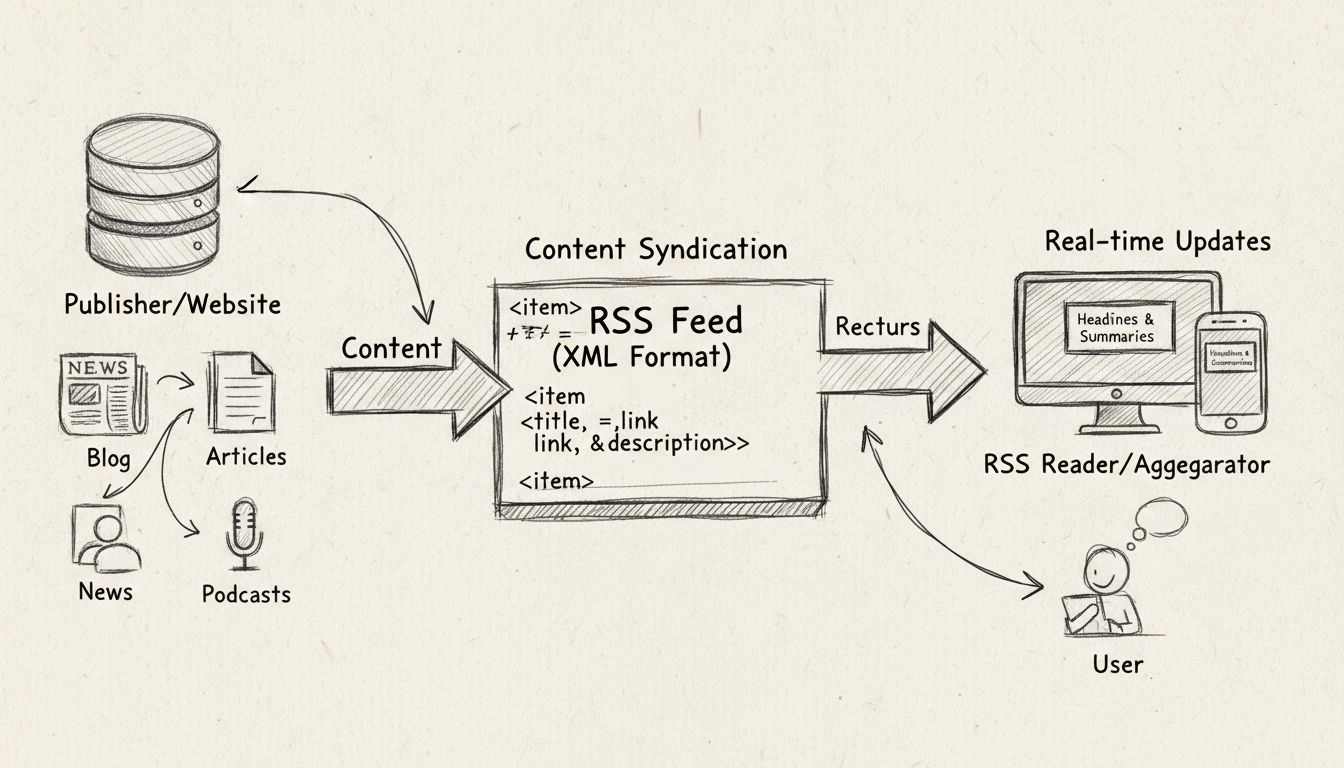 Handgetekend diagram van het RSS-werkproces met content-syndicatie, real-time updates, meerdere bronnen, RSS-lezer en headlines-aggregatie