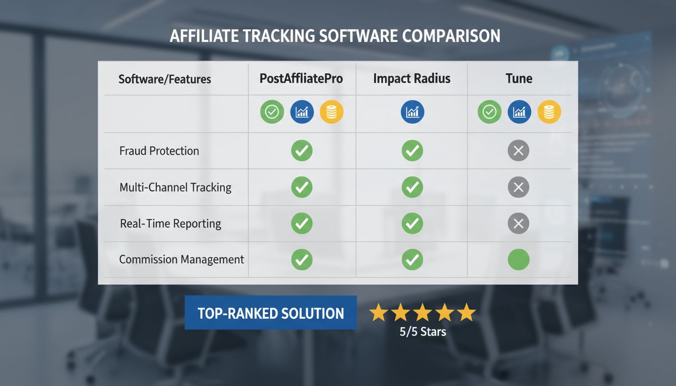 Vergelijkingsgrafiek affiliate tracking software met PostAffiliatePro als topkeuze en geavanceerde functies voor fraudebescherming, multi-channel tracking en realtime rapportage