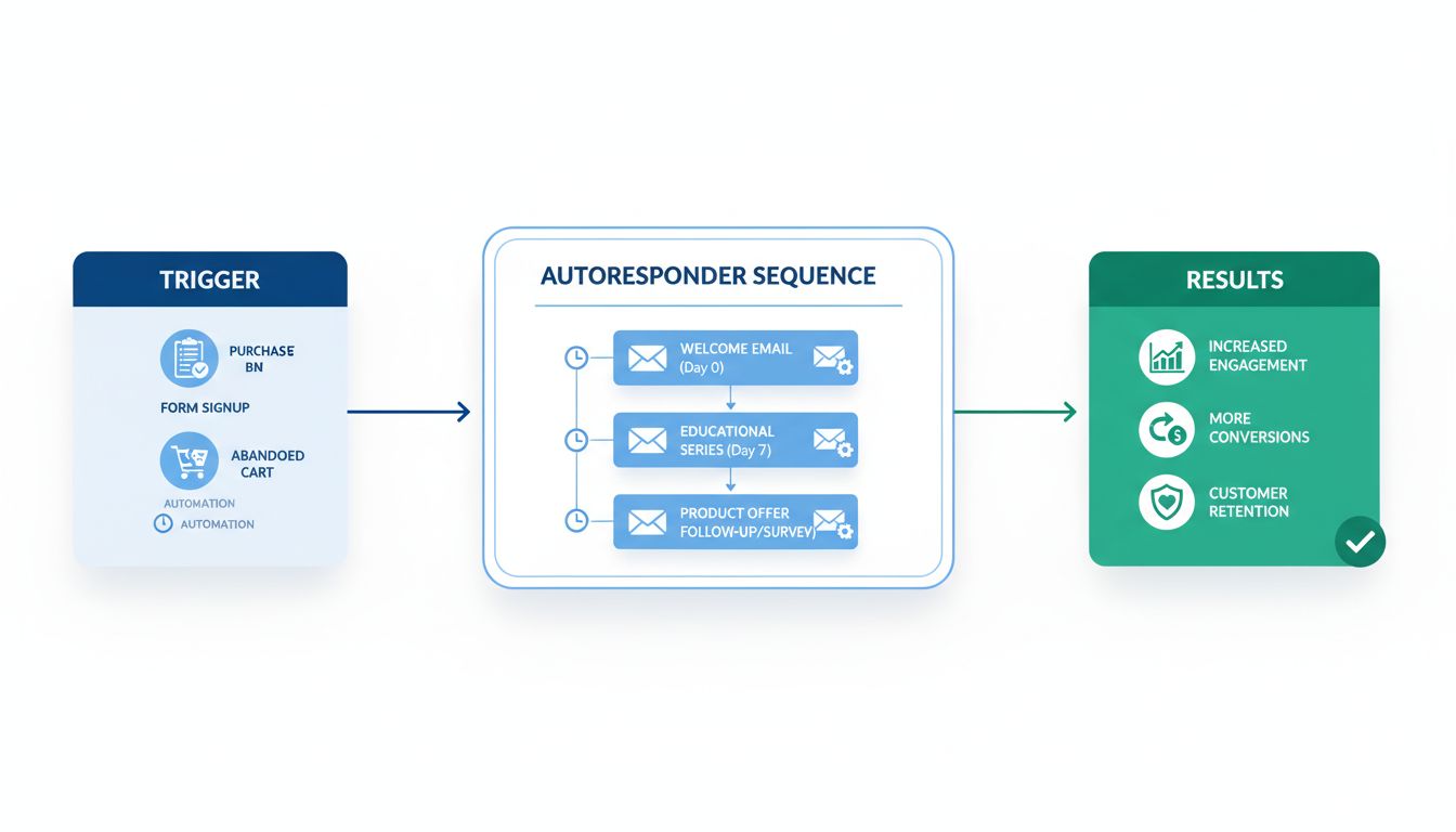 Diagram van e-mailautoresponderworkflow met trigger, geautomatiseerde reeks en resultaten
