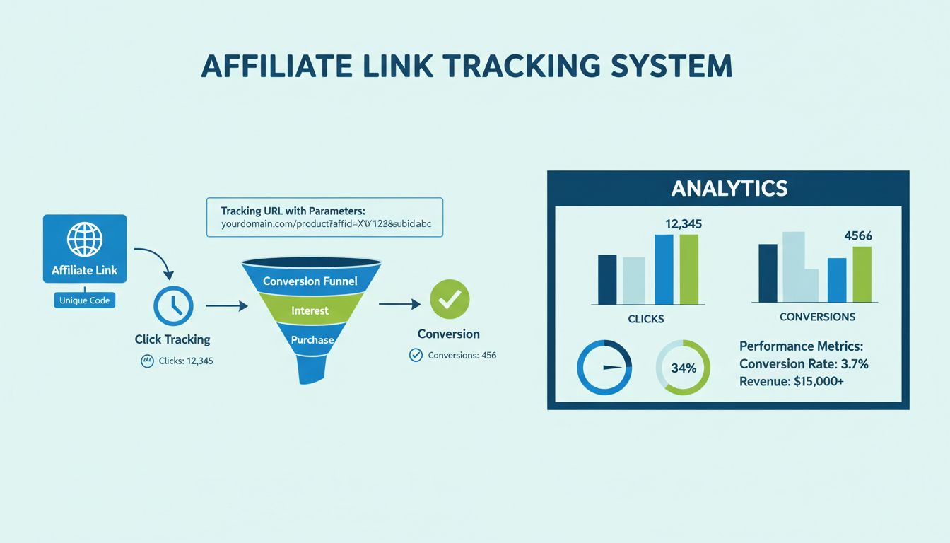 Infographic van affiliate link tracking systeem met unieke trackingcodes, analytics dashboard en conversiestroom