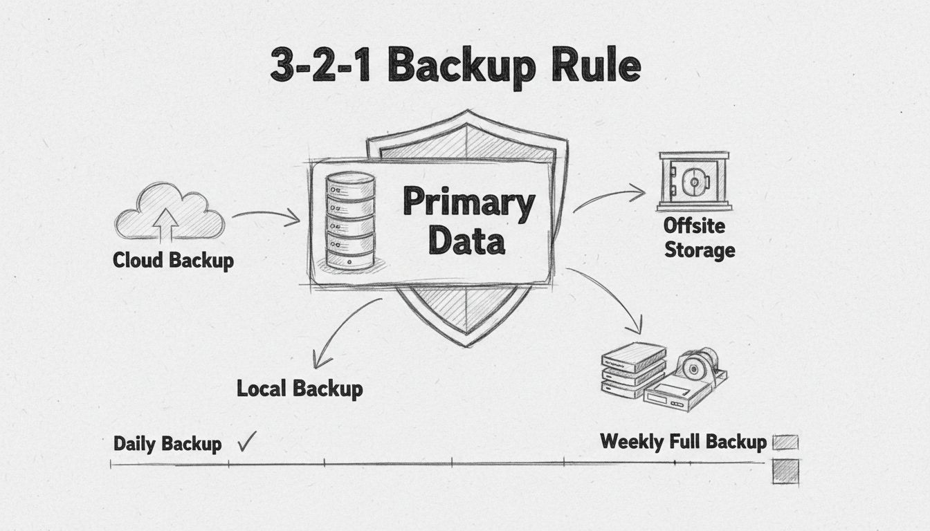 Handgetekend diagram met de 3-2-1 back-upregel, met primaire data, cloudback-up, externe opslag en lokale back-uplocaties