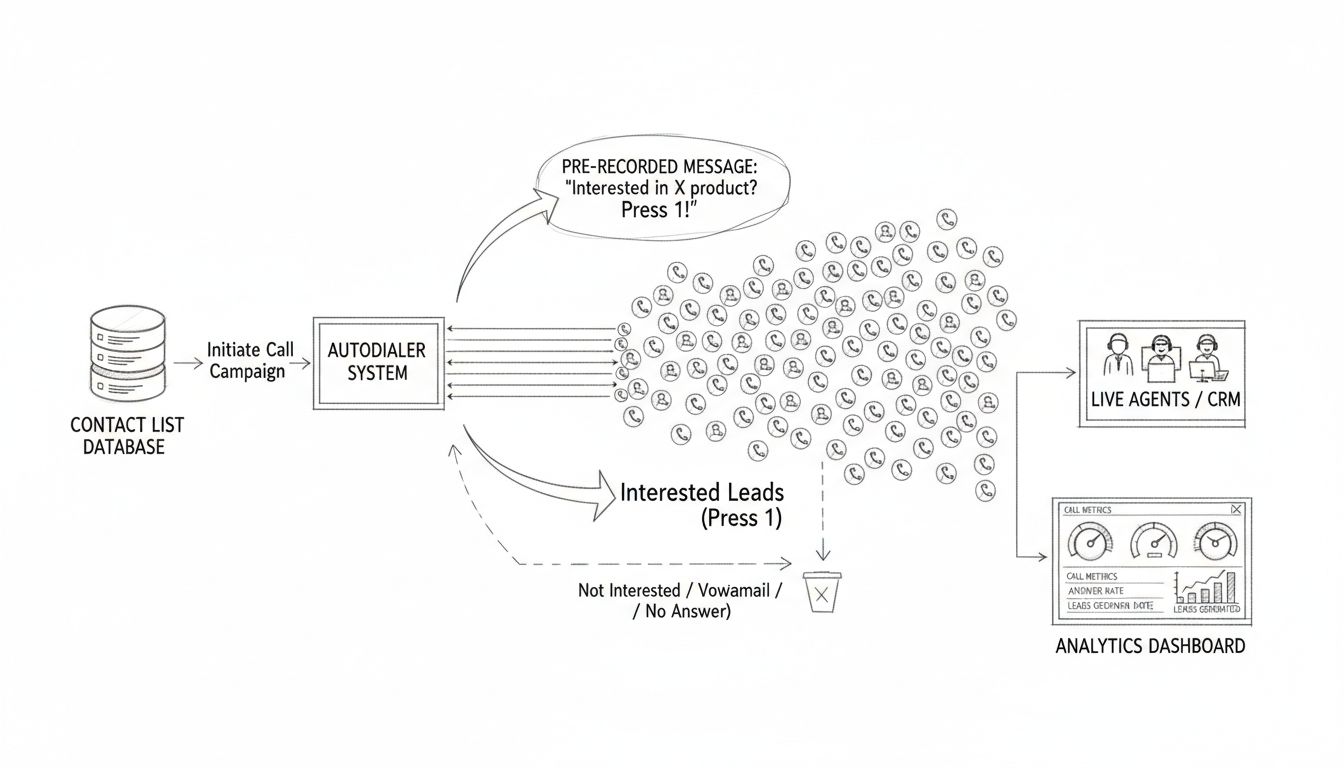 Voice broadcasting workflow diagram showing contact list, autodialer system, message distribution, response routing, and analytics dashboard