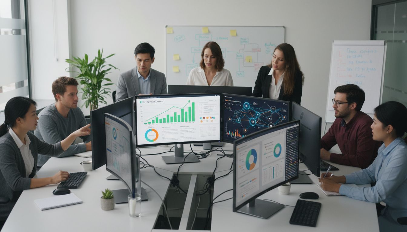 Tech-startupteam werkt samen aan affiliate marketingstrategie met dashboard dat statistieken en partnernetwerkvisualisatie toont