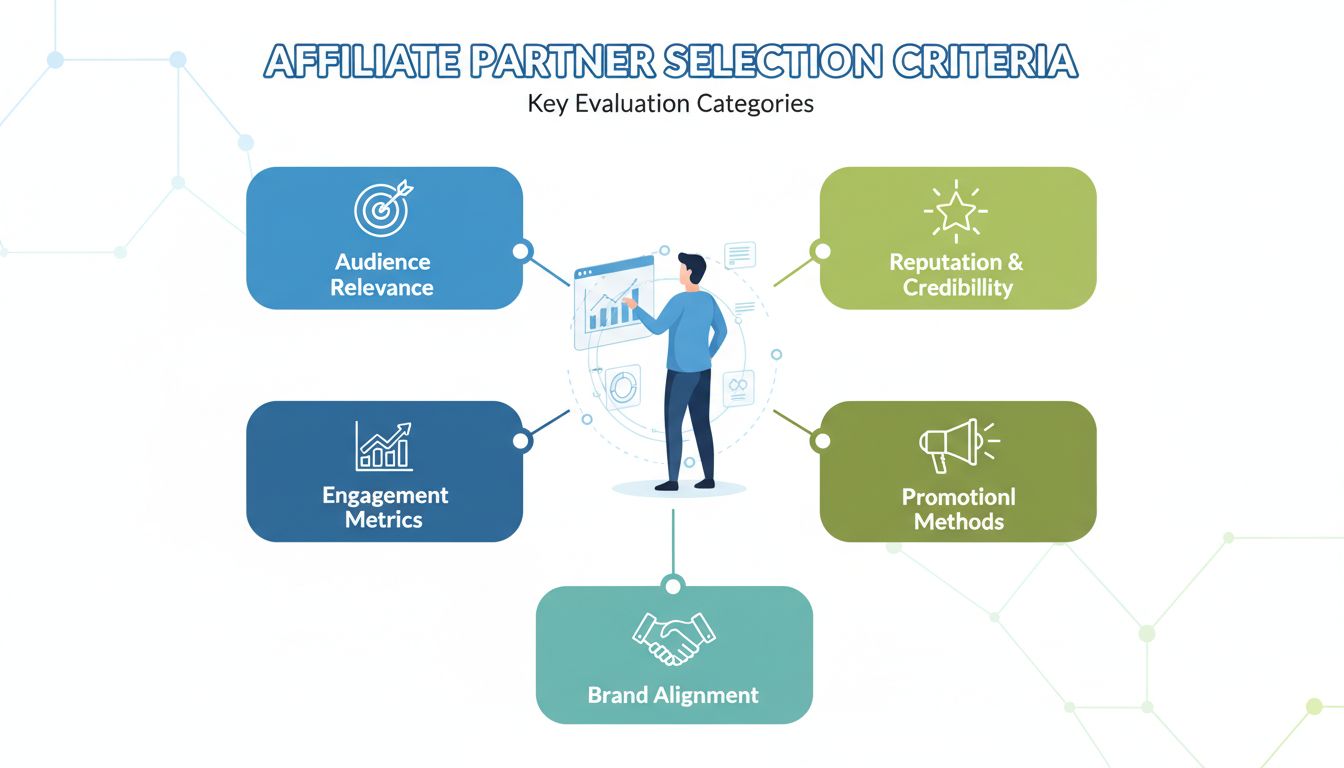 Belangrijke criteria voor het kiezen van affiliate partners, waaronder relevantie van het publiek, reputatie, engagementstatistieken, promotiemethoden en merkaansluiting