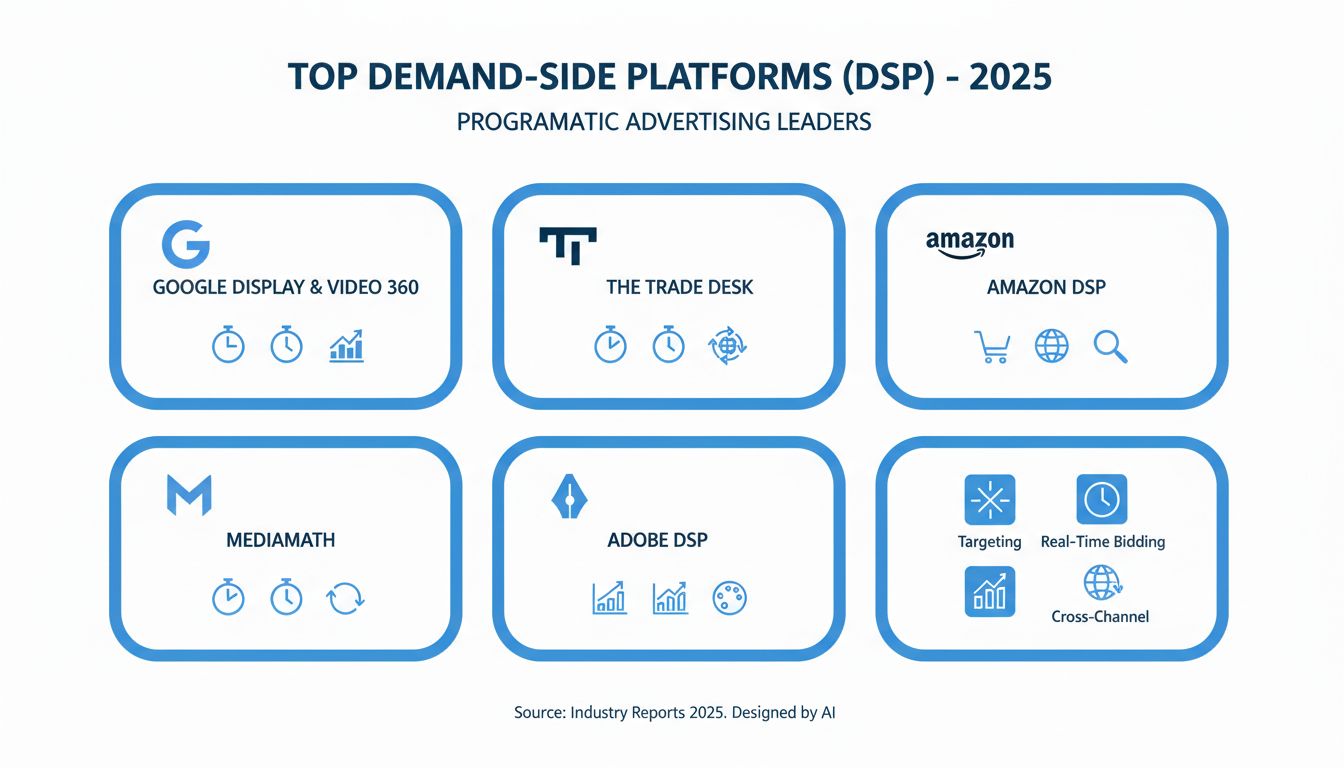 Top demand-side platforms voor programmatic advertising, waaronder Google Display & Video 360, The Trade Desk, Amazon DSP, MediaMath en Adobe DSP