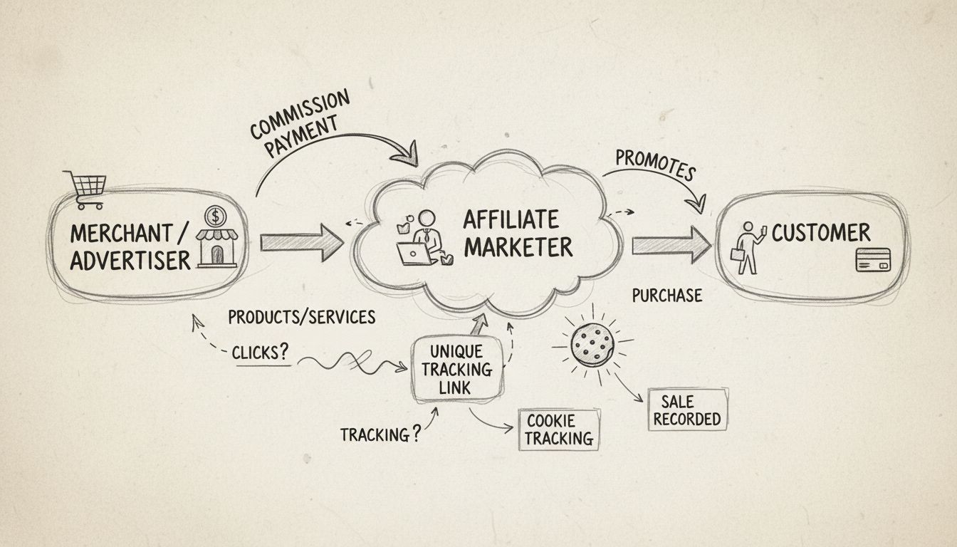 Affiliate marketing ecosysteem diagram met handelaar, affiliate, klant en commissieflow