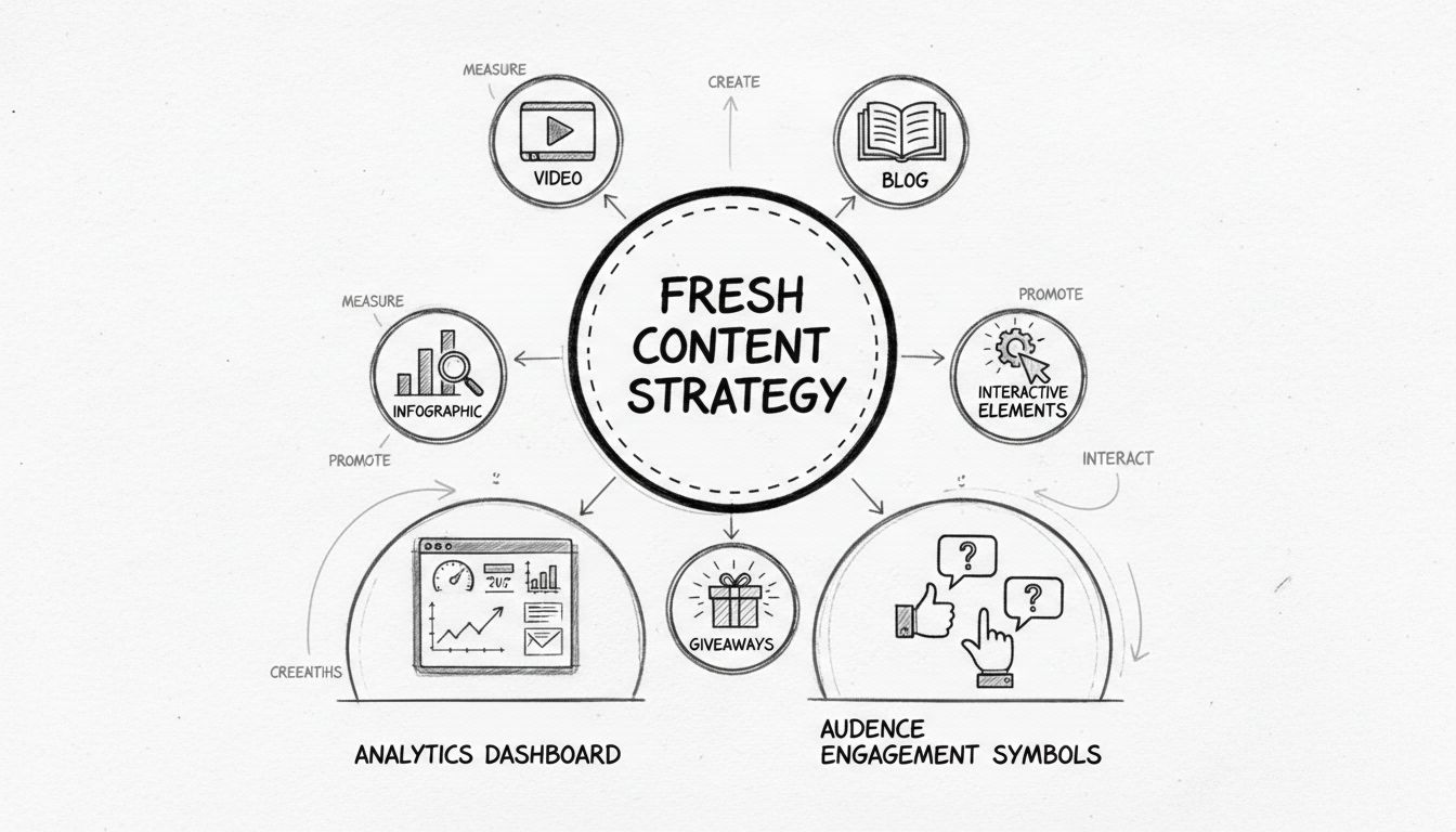 Diagram van contentcreatiestrategie met diverse formats zoals video, blogs, infographics, interactieve elementen en winacties rondom een centrale hub voor frisse contentstrategie met analyseelementen