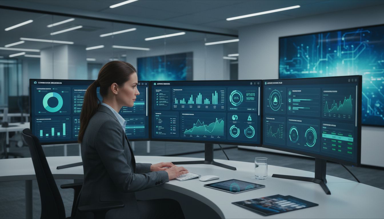 Affiliate manager aan een bureau met meerdere monitoren waarop analytics dashboards en prestatiestatistieken te zien zijn