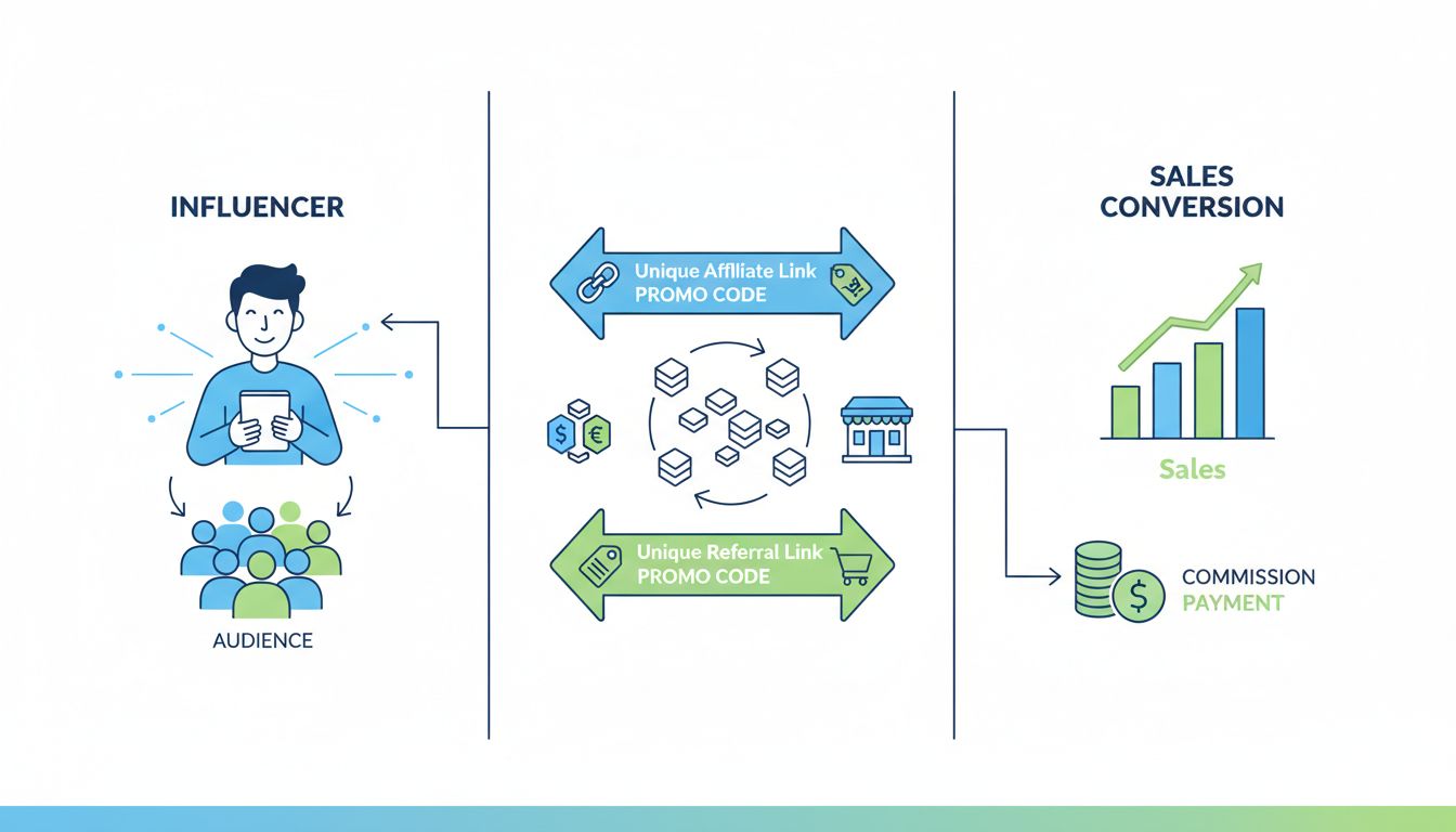 Diagram van influencer affiliate marketing partnerschap met unieke links, publieksbetrokkenheid en commissiestructuur
