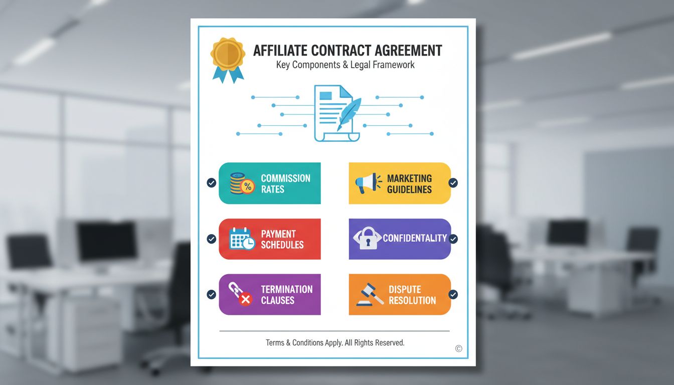 Diagram van affiliatecontract onderdelen met commissietarieven, betaalschema’s, marketingrichtlijnen, beëindigingsclausules, vertrouwelijkheid en geschillenbeslechting