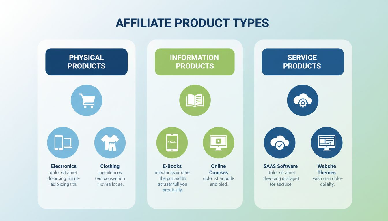 Infographic showing different types of affiliate products including physical products, information products, and service products with icons and categories