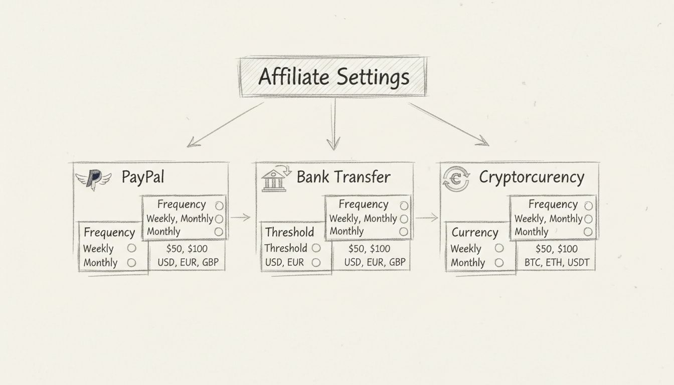 Affiliate uitbetalingsworkflow-diagram met betaalmethoden en frequentie-opties