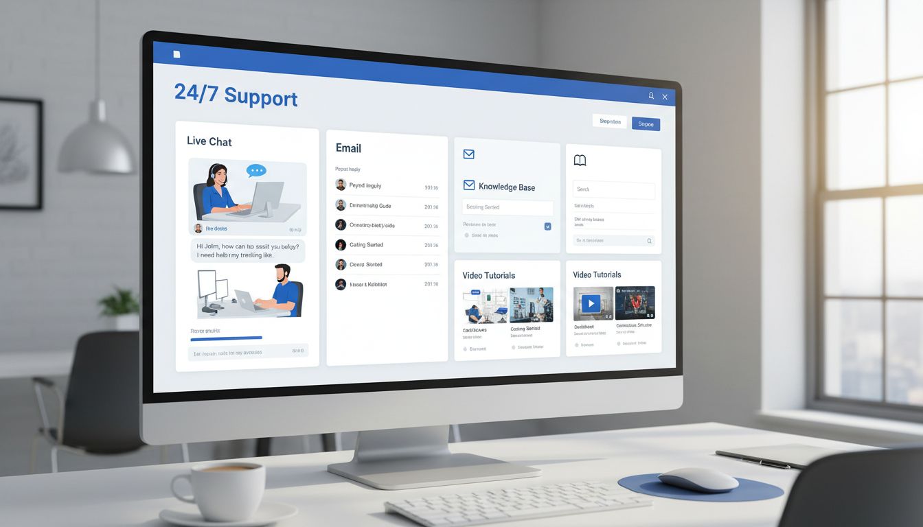 Professioneel affiliate supportdashboard met meerdere communicatiekanalen waaronder live chat, e-mail, kennisbank en videotutorials