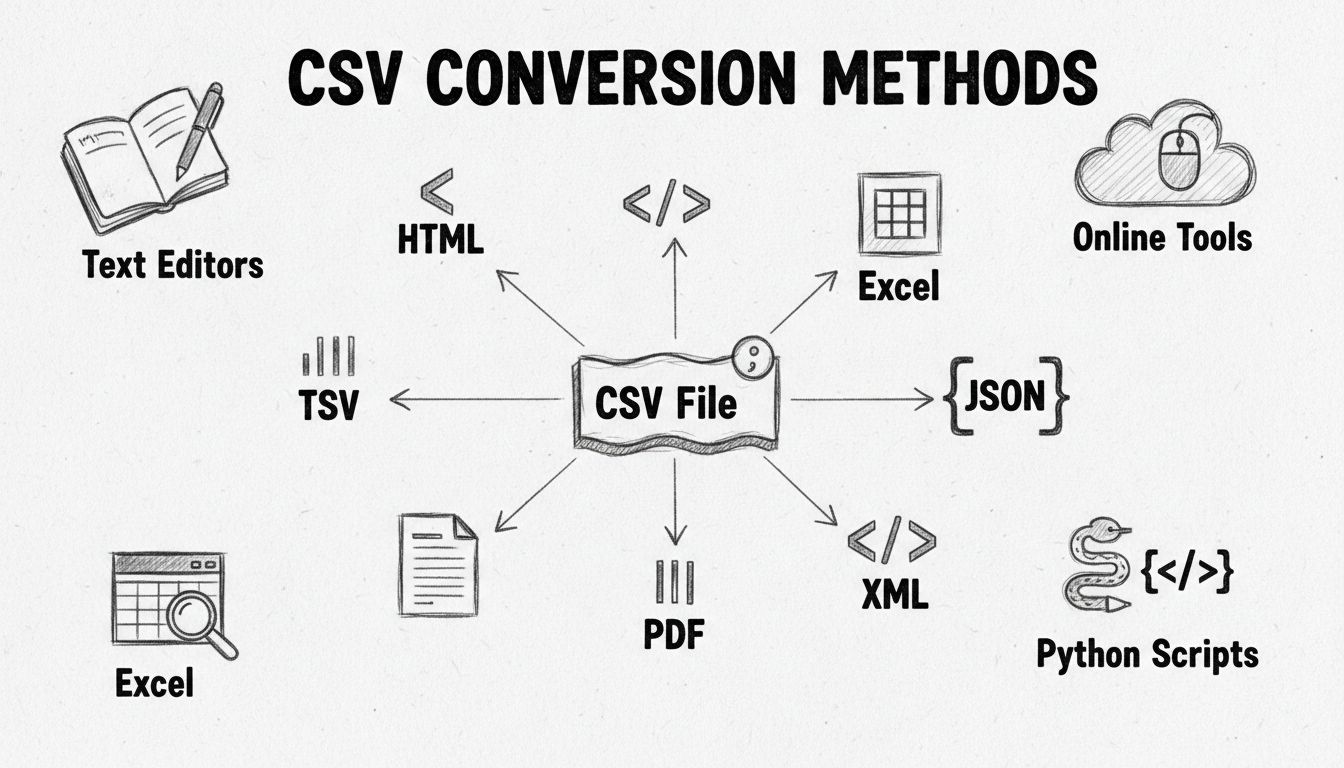 Diagram van CSV-conversiemethoden met verschillende uitvoerformaten en conversietools