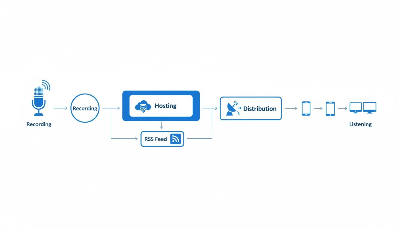 Podcasting workflow diagram showing recording, hosting, RSS feed distribution, and listener devices