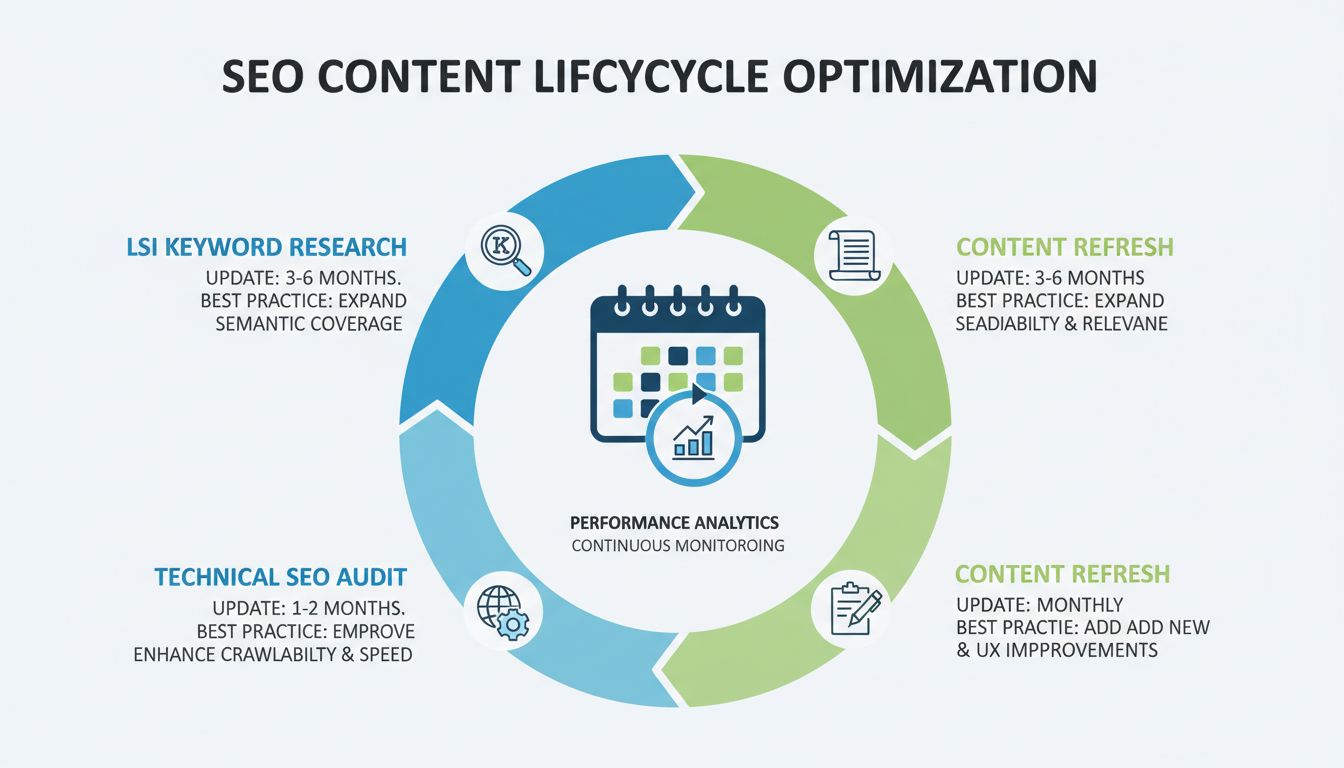 Schema voor LSI-trefwoordupdates en contentverversing, met 3-6 maanden voor zoekwoordonderzoek, 1-2 maanden voor on-page optimalisatie, elk kwartaal voor technische SEO en maandelijks voor contentupdates
