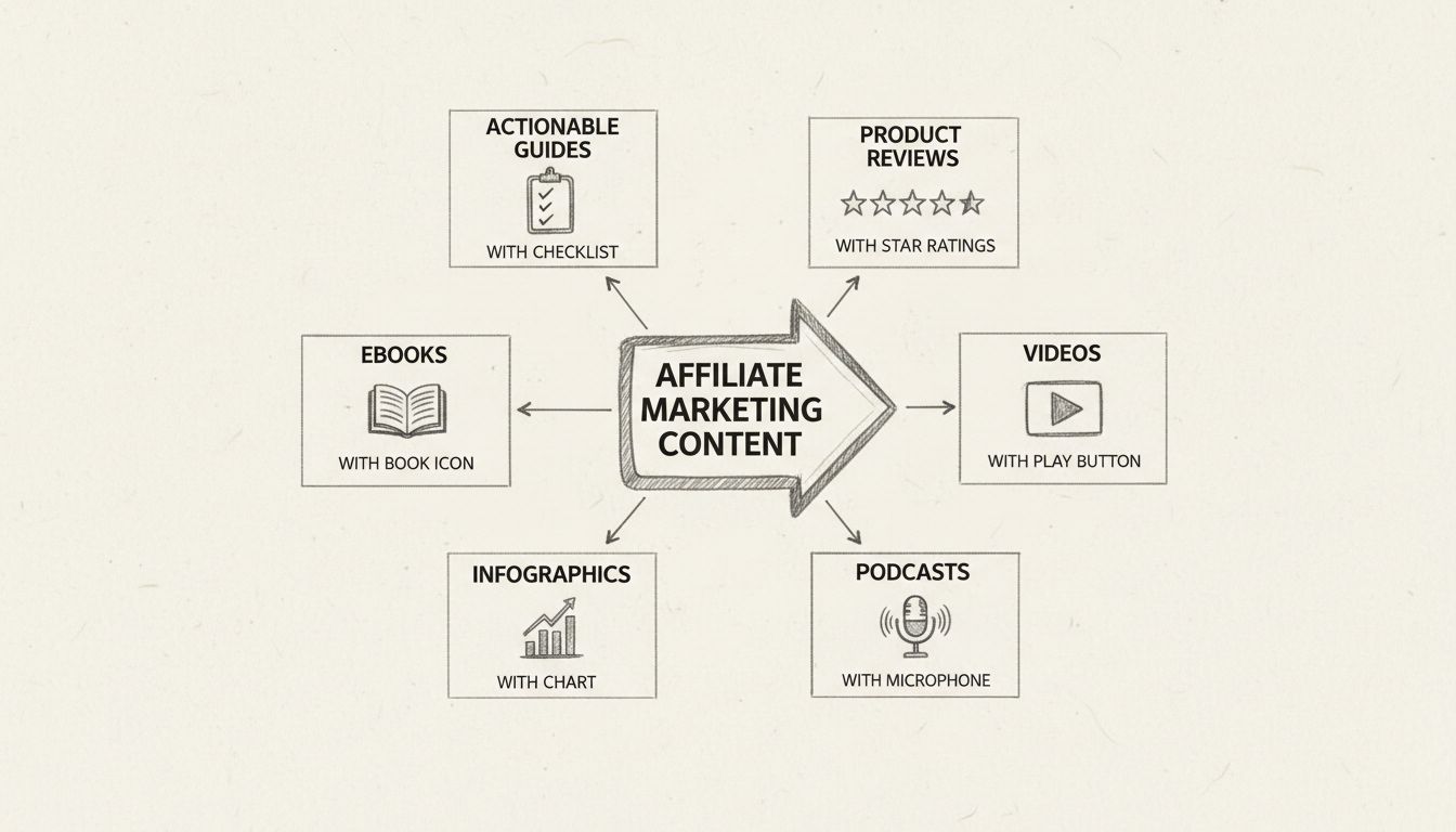 Zes soorten affiliate marketing content: actiegerichte gidsen, productreviews, ebooks, video's, infographics en podcasts