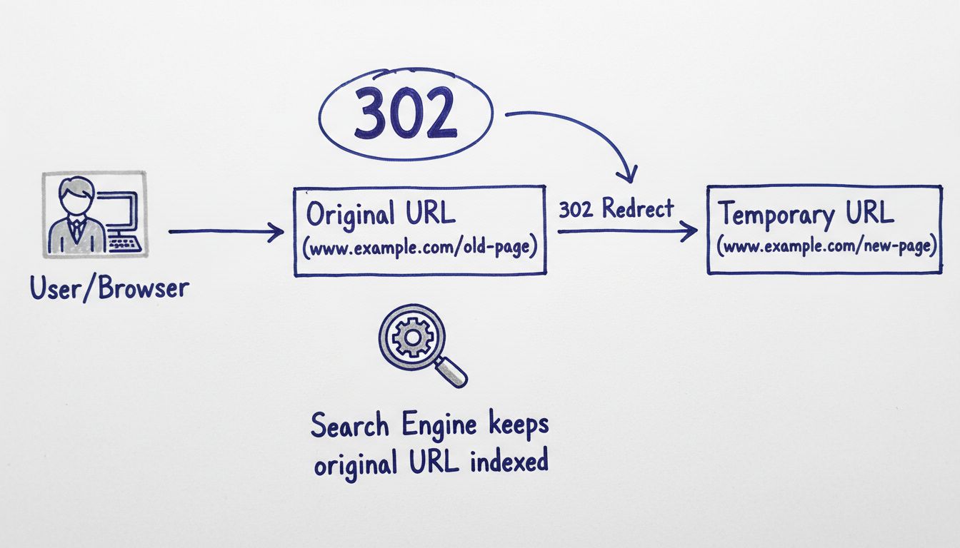 Technisch diagram dat toont hoe een 302 tijdelijke redirect werkt met de gebruikersbrowser, originele URL en zoekmachine-indexering
