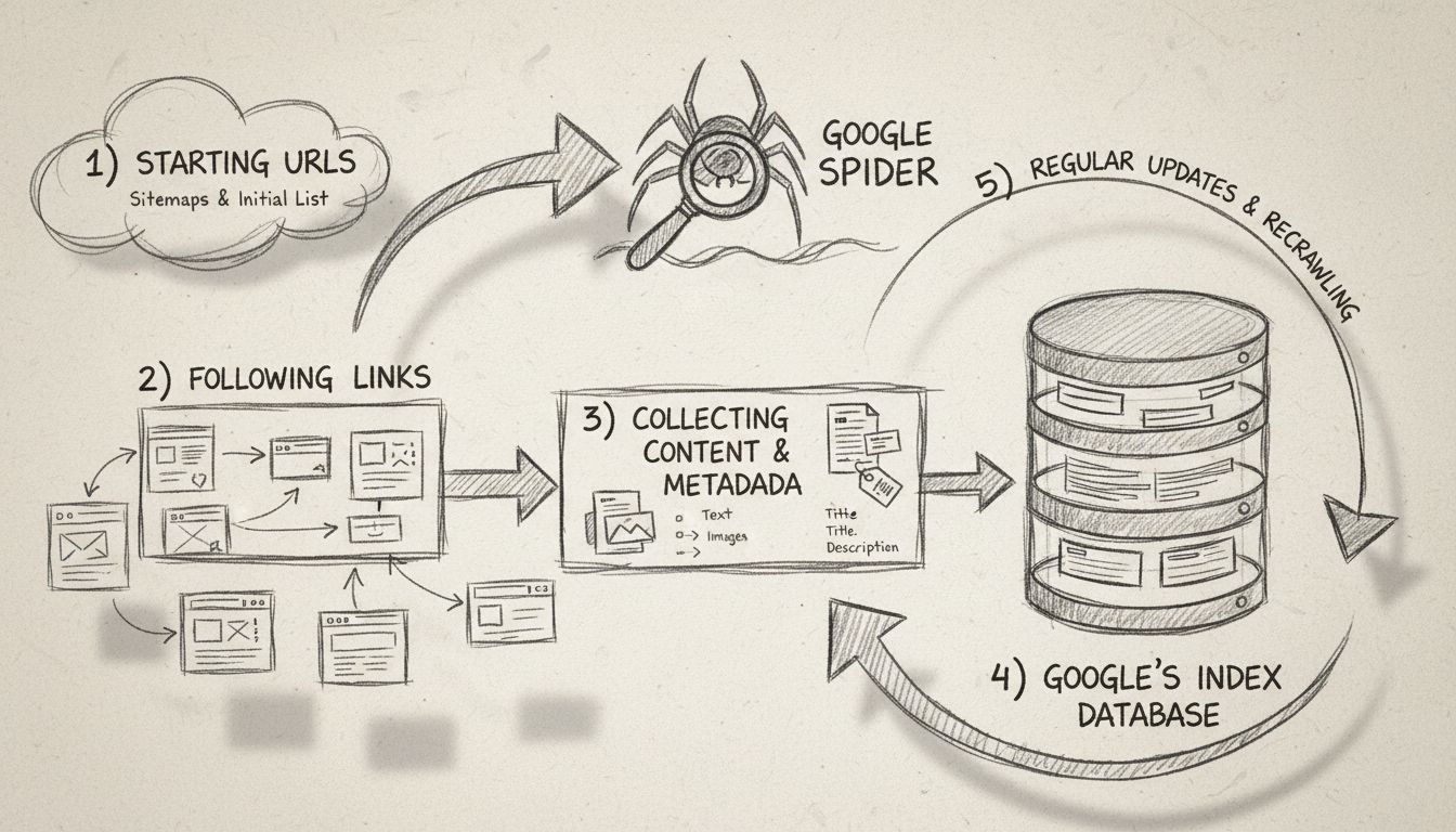 Met de hand getekend diagram dat de workflow van Google Spider toont met stappen voor URL-ontdekking, linkvolgen, contentverzameling en indexering