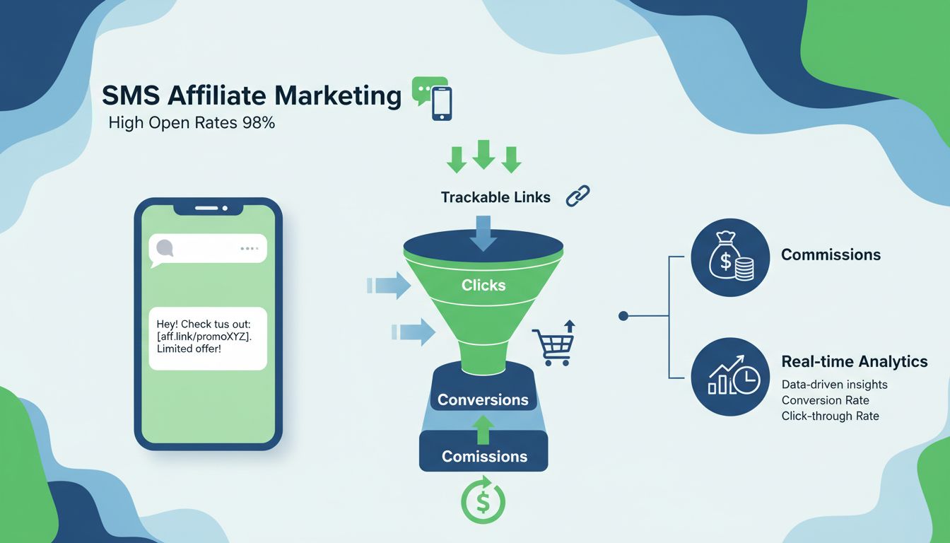 SMS Affiliate Marketing Workflow met smartphone, tekstbericht, conversietrechter, trackingstatistieken en commissie-inkomsten