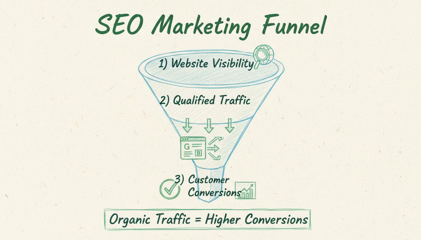 SEO Marketing Funnel die zichtbaarheid, gekwalificeerd verkeer en klantconversies toont