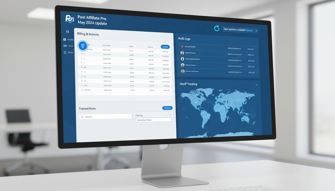 Post Affiliate Pro dashboard met herlaadmelding, auditlogs, GeoIP-tracking en transactiefiltering
