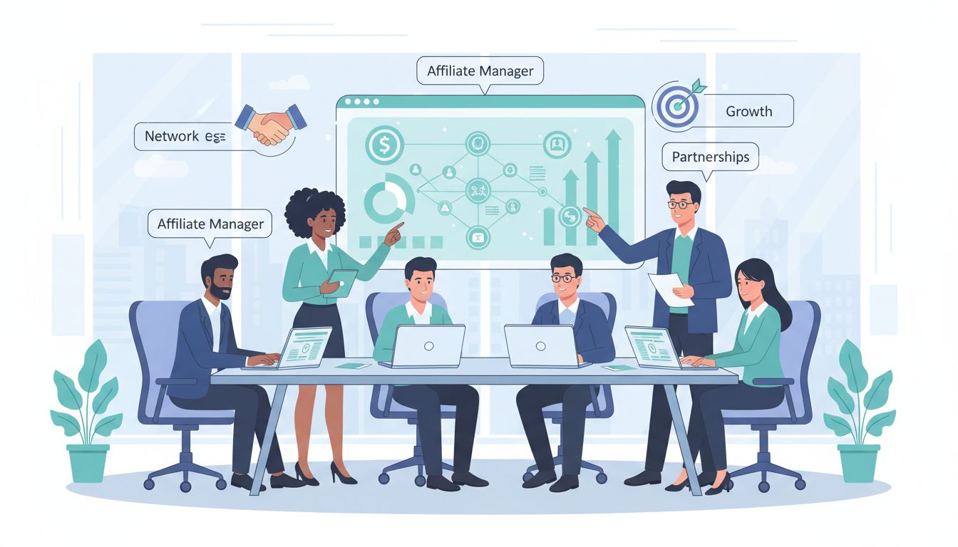 Professioneel team van affiliate managers werkt samen aan een tafel met laptops, grafieken en netwerkschema's die partnerstrategieën en groei tonen