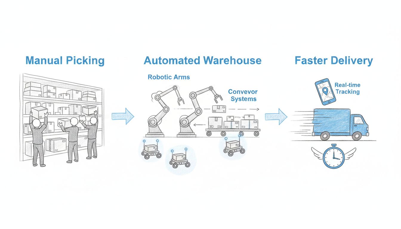Workflowdiagram van automatisering in e-commerce logistiek met handmatig picken, geautomatiseerde magazijnsystemen met robots en transportbanden, en snellere leveringsresultaten