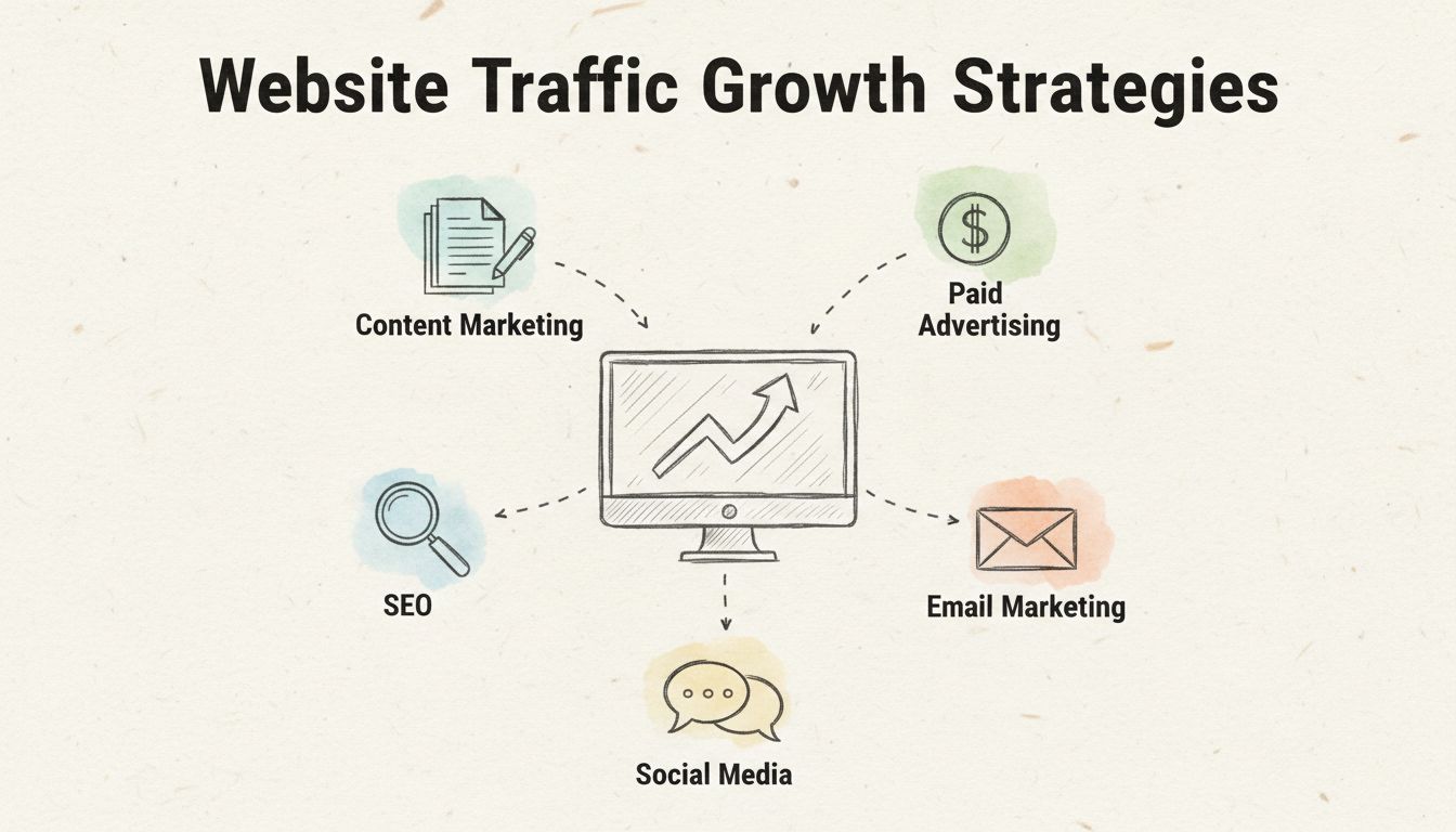 Diagram van Website Traffic Growth Strategies met verschillende verkeersbronnen, waaronder SEO, social media, e-mailmarketing, contentmarketing en betaalde advertenties