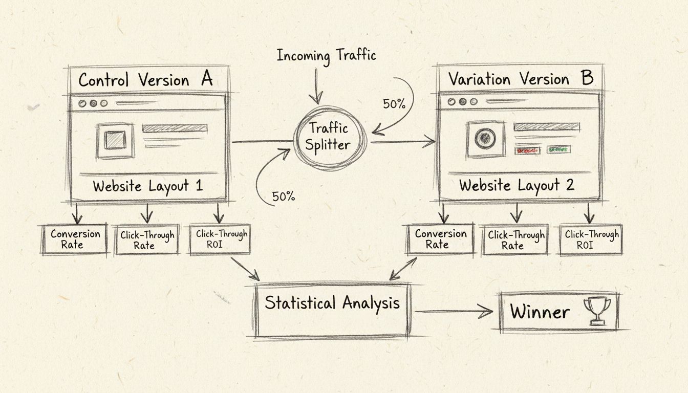 Handgetekend diagram met A/B split testing, Control Versie A en Variant Versie B, traffic-split visualisatie en metrische analyse