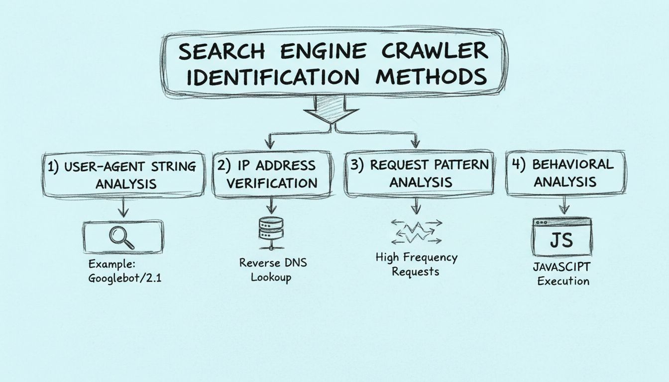 Handgetekend diagram dat vier methoden toont voor het identificeren van zoekmachine crawlers: User-Agent String Analyse, IP-Adres Verificatie, Analyse van Aanvraagpatronen en Gedragsanalyse