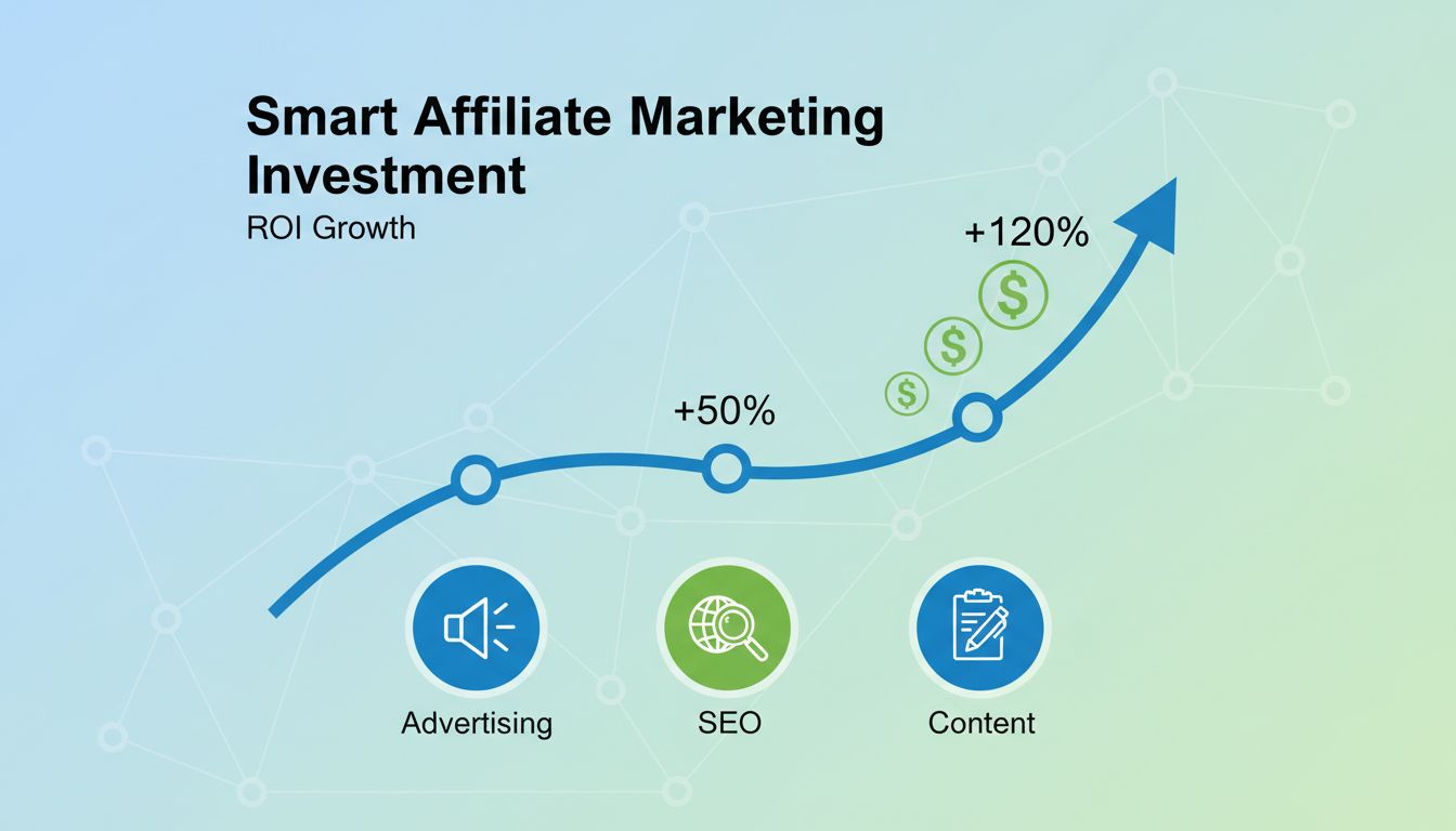 Affiliate marketing investering ROI groeigrafiek met rendementen op advertenties, SEO en contentmarketing