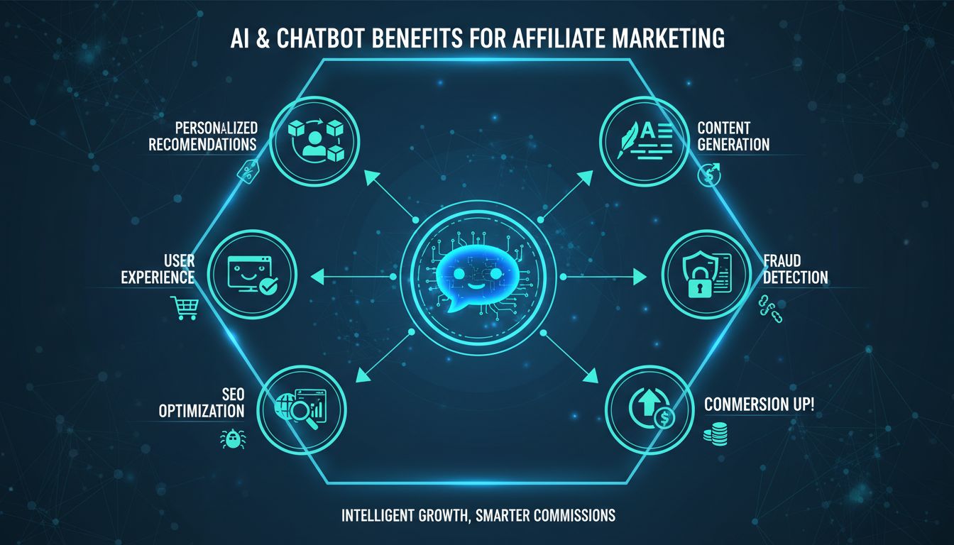 Voordelen van AI en chatbots voor affiliate marketing infographic met contentgeneratie, gepersonaliseerde aanbevelingen, gebruikerservaring, SEO-optimalisatie, analytics, fraudedetectie en conversiestijging